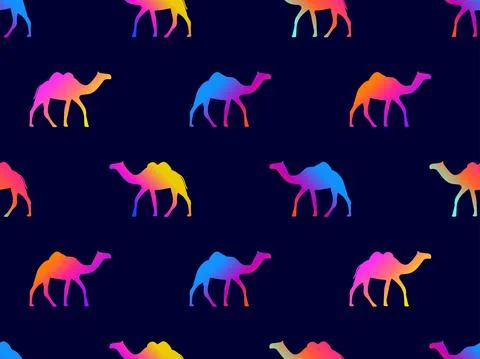 Gradient camels seamless pattern. Silhouette of camels on a black background. イラスト素材
