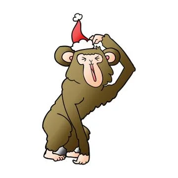 Gradient cartoon of a chimp scratching head wearing santa hat Illustrazione stock
