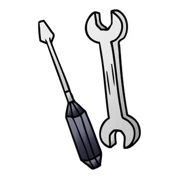 Gradient cartoon doodle of a spanner and a screwdriver Stock Illustration