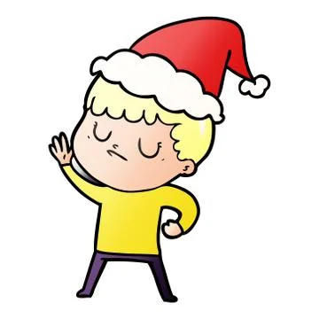 Gradient cartoon of a grumpy boy wearing santa hat Stock Illustration