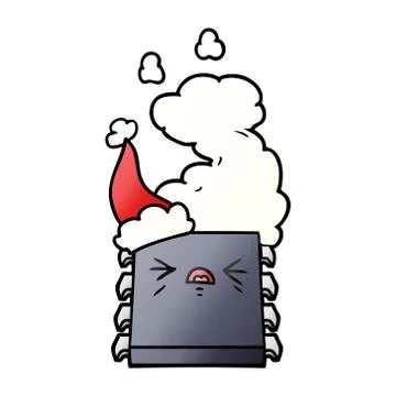 Gradient cartoon of a overheating computer chip wearing santa hat Stock Illustration