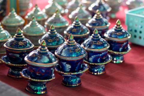 Gradient ceramic cup with beautiful pattern with blurred background Stock Photos