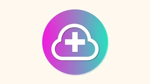 A gradient circular icon with a cloud and a plus sign in the center, symbol.. Illustrazione stock