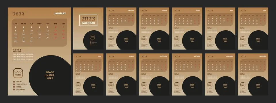 Gradient color calendar set vector design. Yearly English language calendar Illustrazione stock
