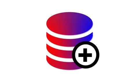 Gradient color database icon with plus symbol isolate on white background. Stock-Illustration