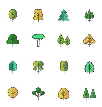 Gradient color flat line trees folliage set. Stock Illustration