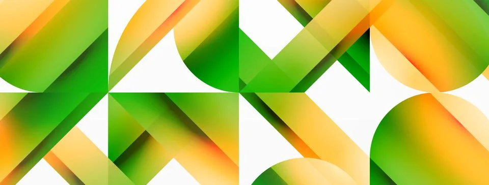Gradient color triangles and circles on white. Dynamic blend creating Illustrazione stock