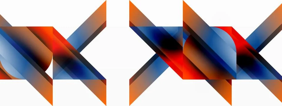 Gradient color triangles and circles on white. Dynamic blend creating Illustrazione stock