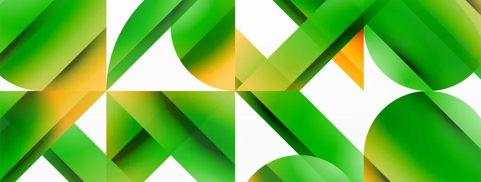 Gradient color triangles and circles on white. Dynamic blend creating Illustrazione stock