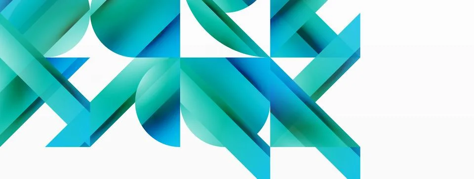 Gradient color triangles and circles on white. Dynamic blend creating Illustrazione stock