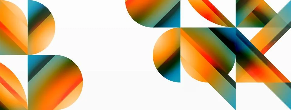 Gradient color triangles and circles on white. Dynamic blend creating Illustrazione stock