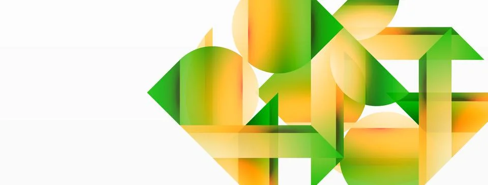 Gradient color triangles and circles on white. Dynamic blend creating Illustrazione stock