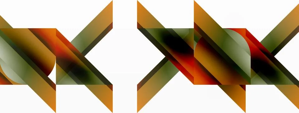 Gradient color triangles and circles on white. Dynamic blend creating Illustrazione stock