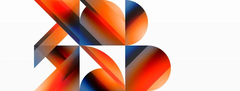 Gradient color triangles and circles on white. Dynamic blend creating Illustrazione stock