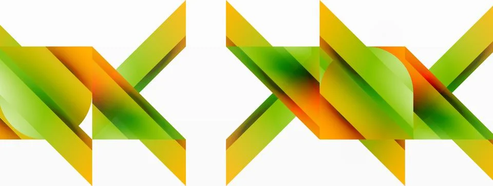 Gradient color triangles and circles on white. Dynamic blend creating Illustrazione stock
