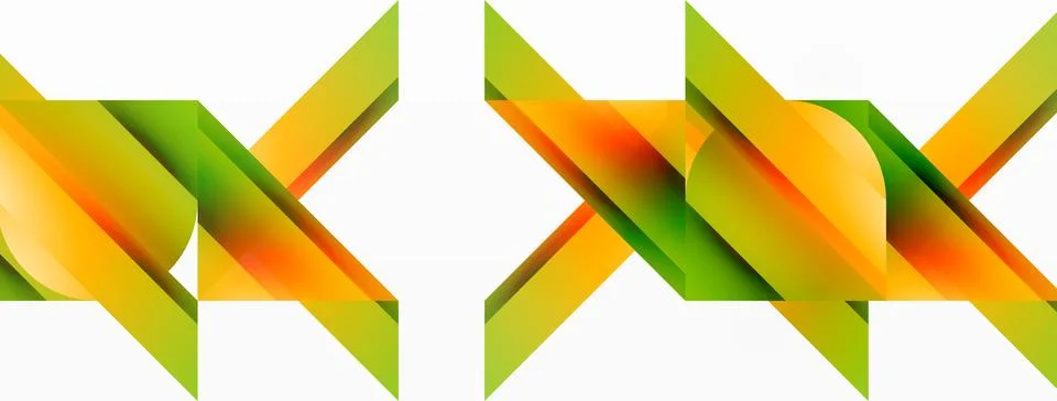 Gradient color triangles and circles on white. Dynamic blend creating Illustrazione stock