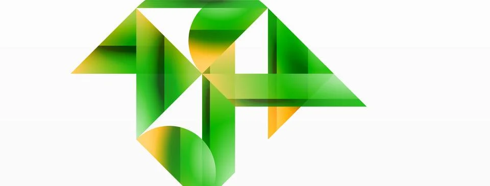 Gradient color triangles and circles on white. Dynamic blend creating Illustrazione stock