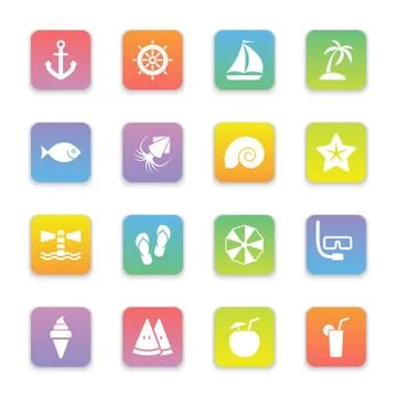 Gradient colored flat beach and summer icon set on rounded rectangle Stock Illustration