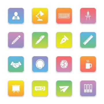 Gradient colored flat business and office icon set on rounded rectangle Stock Illustration