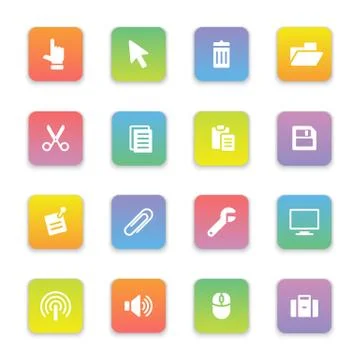 Gradient colored flat computer and technology icon set on rounded rectangle Stock Illustration