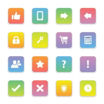 Gradient colored flat computer and miscellaneous icon set on rounded rectangle Stock Illustration