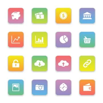 Gradient colored flat finance and technology icon set on rounded rectangle Illustrazione stock