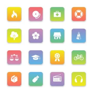 Gradient colored flat safety and miscellaneous icon set on rounded rectangle Stock Illustration