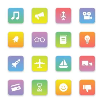 Gradient colored flat transport and miscellaneous icon set on rounded rectangle 스톡 일러스트