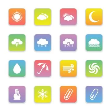 Gradient colored flat weather icon set on rounded rectangle Stock Illustration