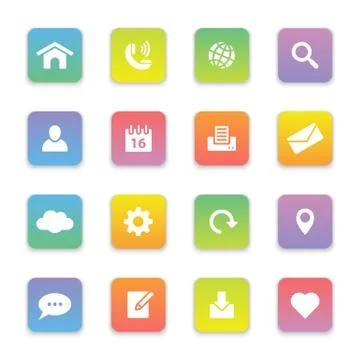 Gradient colored flat web and technology icon set on rounded rectangle 스톡 일러스트