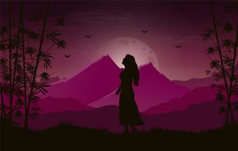 Gradient colors mountains with bamboo tree and alone girl landscape backgroun Stock Illustration