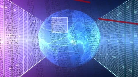 Gradient fading in globe forming, numbers flowing, grids opening aisle, camera Stock Footage 335652014
