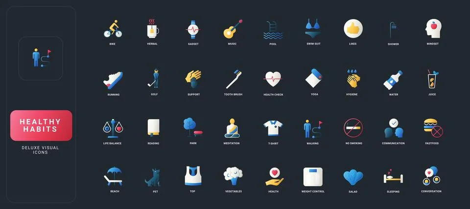 Gradient Flat Icons Set of Healthy Habits 스톡 일러스트