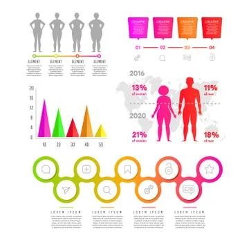 Gradient flat infographic element people, diagrams, rectangles with text, cir Stock Illustration