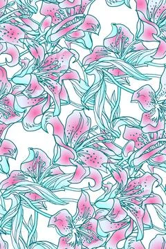 Gradient Flower, Buds and Leaves of Lily Flowers Seamless Pattern. Stock Illustration