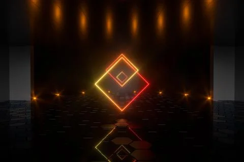 Gradient glowing lines with dark stage background, 3d rendering. Stock Illustration