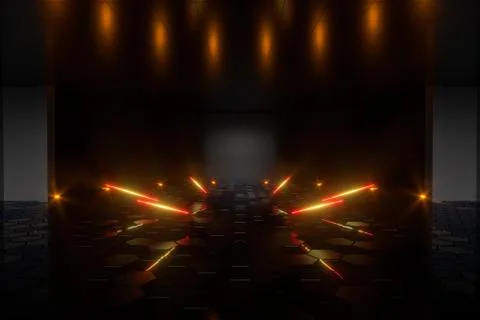 Gradient glowing lines with dark stage background, 3d rendering. Stock Illustration