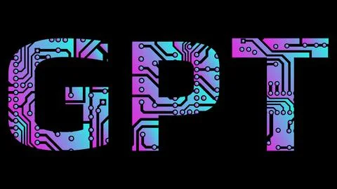Gradient GPT text from PCB tracks isolated on black background. Chat GPT AI Stock Illustration