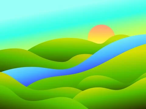 Gradient green meadows and a river at dawn in a minimalist style. Panoramic.. Stock Illustration