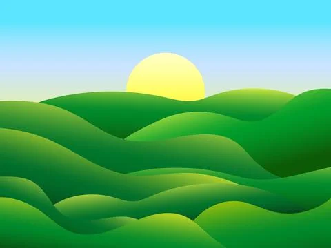 Gradient green meadows at dawn in a minimalist style. Panoramic natural lan.. Stock Illustration
