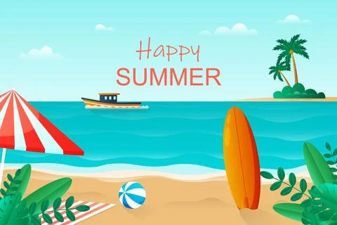 Gradient happy summer background with beach. Illustrazione stock