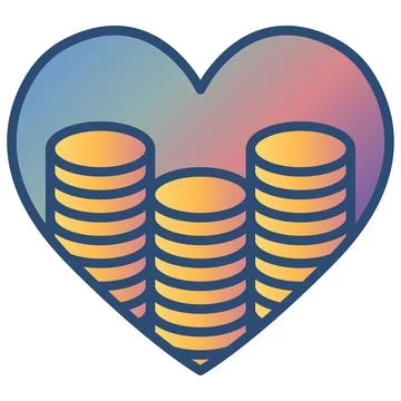 Gradient heart with gold coin stacks flat outline icon. Illustrazione stock