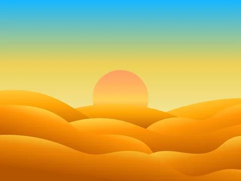 Gradient landscape, sunset in the desert. Sun over sand dunes. Sunrise in t.. Illustrazione stock