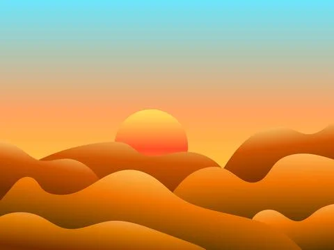 Gradient landscape, sunset in the desert. Sun over sand dunes. Sunrise in t.. Illustrazione stock