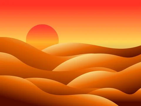 Gradient landscape, sunset in the desert. Sun over sand dunes. Sunrise in t.. Illustrazione stock