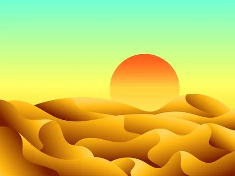 Gradient landscape, sunset in the desert. Sun over sand dunes. Sunrise in t.. Illustrazione stock