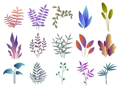 Gradient leaves set. Violet, blue and green foliage and branches. Fantasy and Stock Illustration