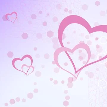 Gradient lilac background with hexagon pattern and heart objects for holidays Stock Photos