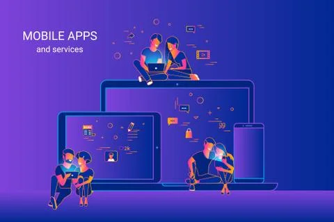 Gradient line vector illustration of people using gadgets and enjoying ux and ui Illustrazione stock