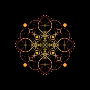 Gradient mandala on a black background. Vector boho mandala in yellow and red Illustrazione stock